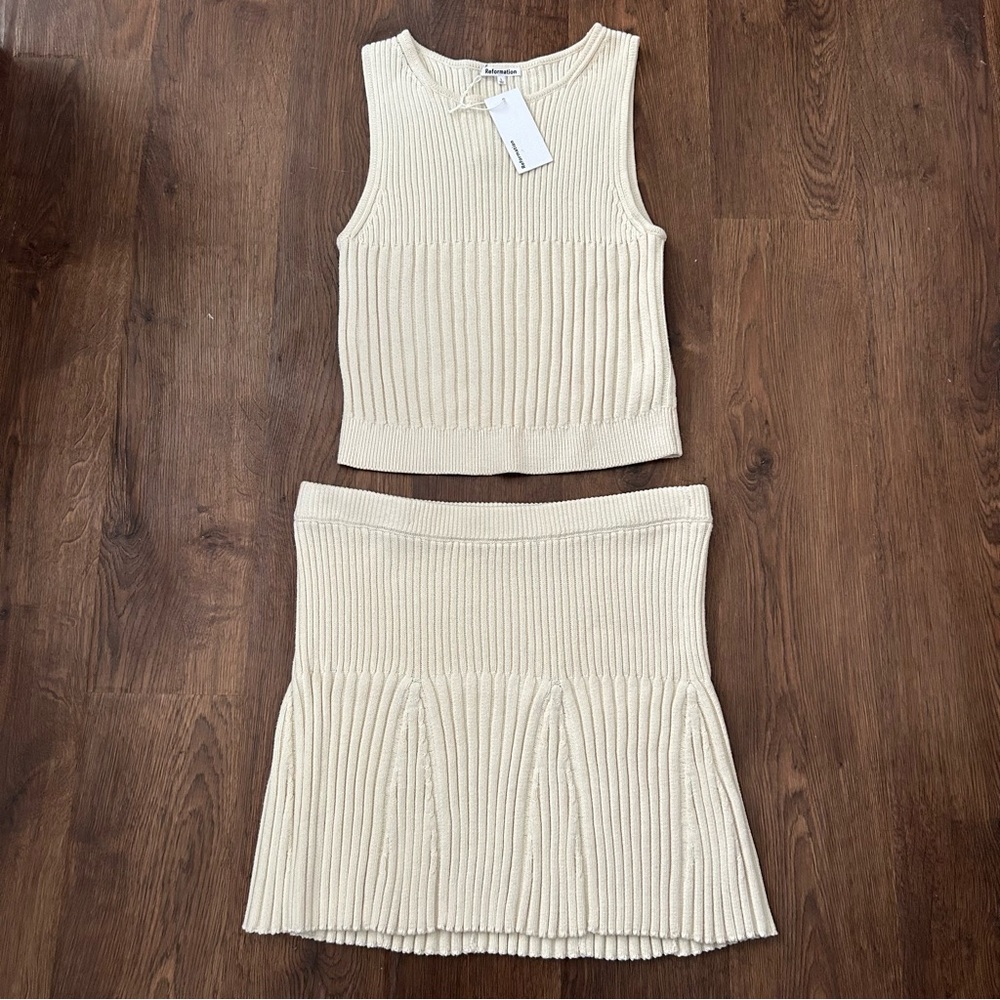 Reformation Kate Cotton Knit Two Piece Skirt and Top Set Gossamer